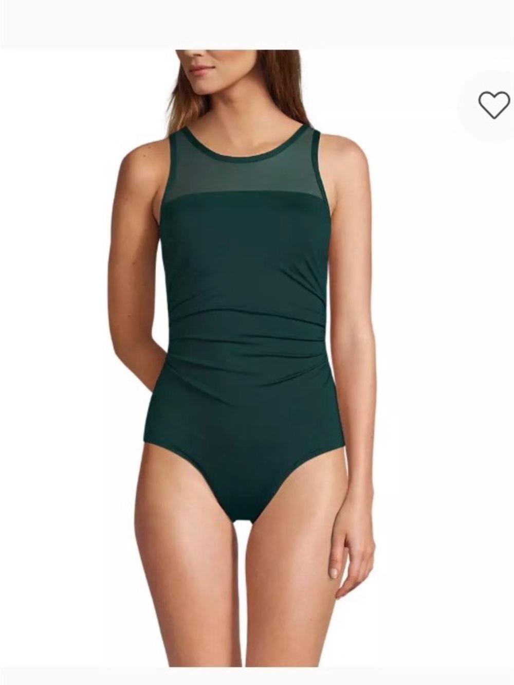 Lands' End Dark Green High-Neck Mesh Yoke One-Piece Swimsuit